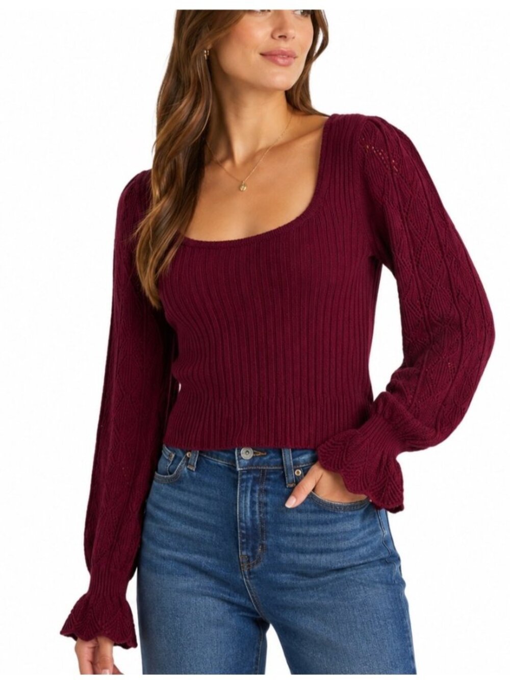 Sundance Sweater Womens M Burgundy Crop Lace Flounce Cuff Cottage Artsy Boho - Picture 1 of 16